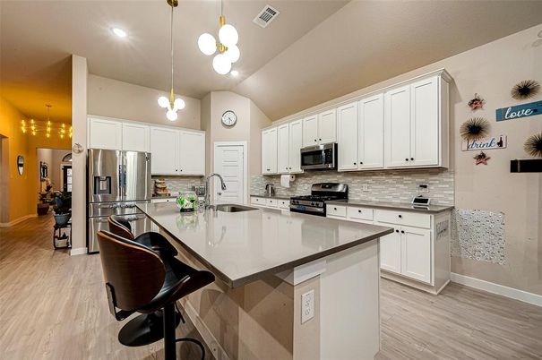 Interior, Kitchen, Pendant Lights, Recessed Lighting, Stainless Steel Appliances, Wood Texture Flooring