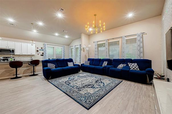 Interior, Kitchen, Living room, Pendant Lights, Recessed Lighting, Wood Texture Flooring