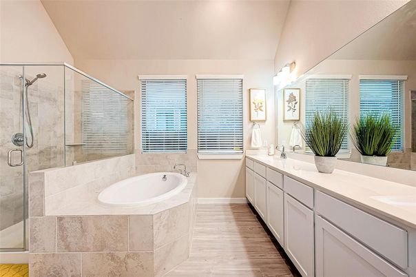 Bathroom, Dual Sink Vanities, Glass Shower, Interior, Wood Texture Flooring
