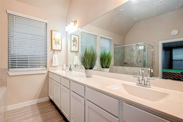 Bathroom, Dual Sink Vanities, Glass Shower, Interior, Wood Texture Flooring