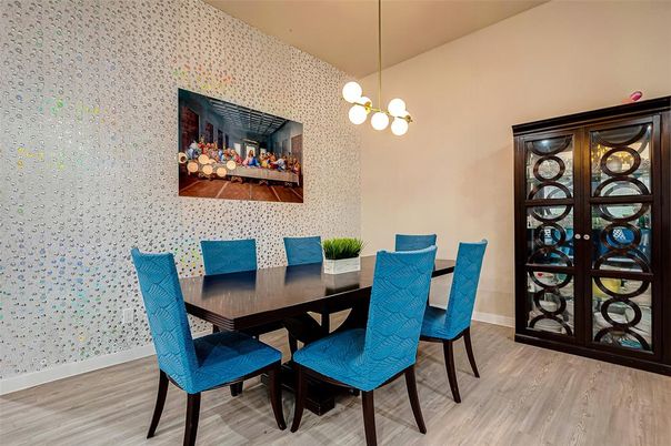 Dining room, Interior, Pendant Lights, Wood Texture Flooring
