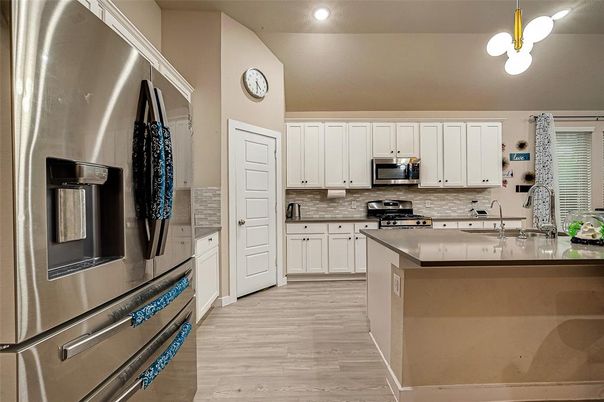 Interior, Kitchen, Recessed Lighting, Stainless Steel Appliances, Wood Texture Flooring