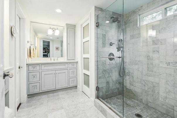 Bathroom, Glass Shower, Interior, Marble, Marble Walls, Recessed Lighting
