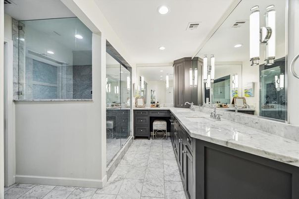 Bathroom, Dual Sink Vanities, Glass Shower, Interior, Marble, Recessed Lighting