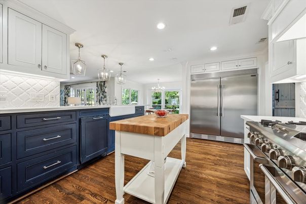 Chandelier, Interior, Kitchen, Recessed Lighting, Stainless Steel Appliances, Wood Texture Flooring