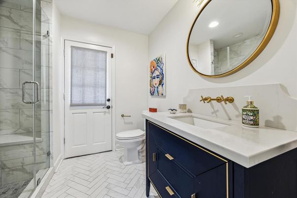 Bathroom, Glass Shower, Interior, Marble Walls, Recessed Lighting
