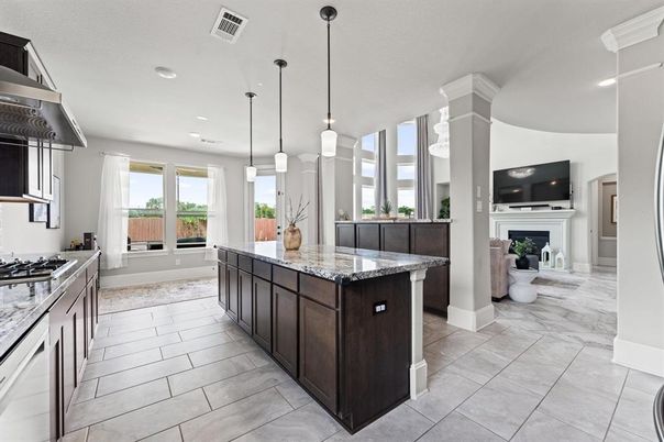 Fireplace, Interior, Kitchen, Marble, Pendant Lights, Recessed Lighting