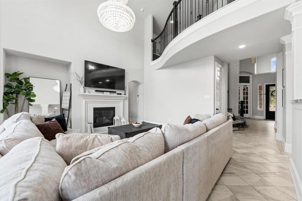Chandelier, Fireplace, Interior, Living room, Marble, Recessed Lighting