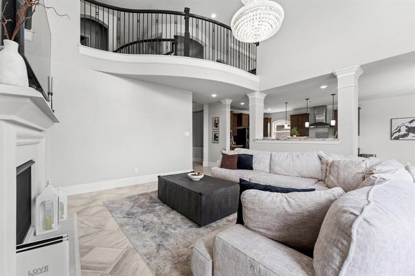 Chandelier, Fireplace, Interior, Living room, Marble, Pendant Lights, Recessed Lighting