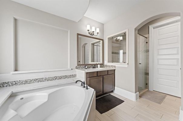 Bathroom, Dual Sink Vanities, Glass Shower, Interior, Wood Texture Flooring