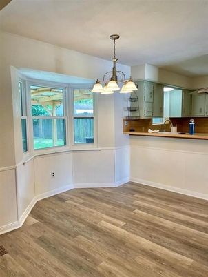Chandelier, Empty room, Interior, Kitchen, Pendant Lights, Wood Texture Flooring