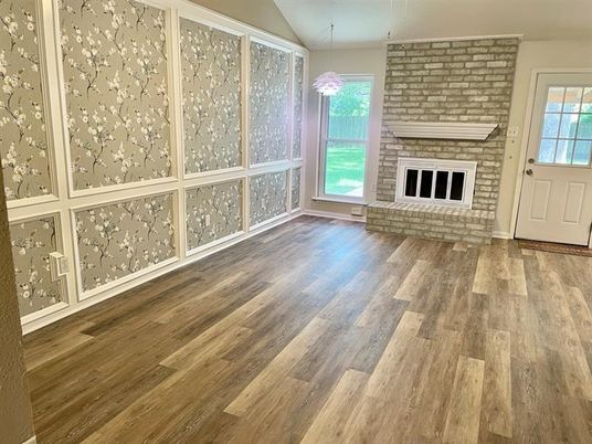 Empty room, Fireplace, Interior, Pendant Lights, Stone Walls, Wood Texture Flooring