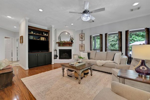 Fireplace, Interior, Living room, Recessed Lighting, Wood Texture Flooring