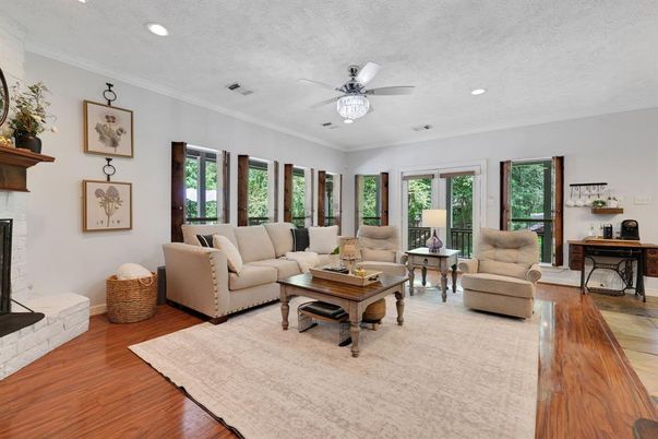 Fireplace, Interior, Living room, Recessed Lighting, Wood Texture Flooring