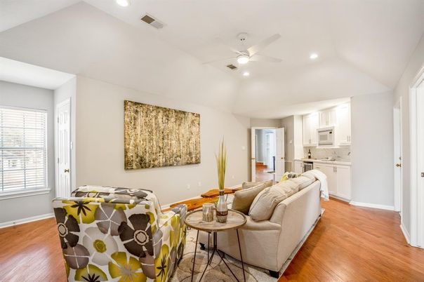 Interior, Kitchen, Living room, Recessed Lighting, Wood Texture Flooring