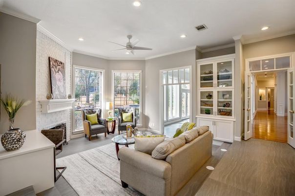 Fireplace, Interior, Living room, Recessed Lighting, Stone Walls, Wood Texture Flooring
