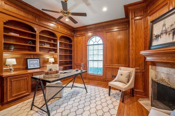 Fireplace, Home Office, Interior, Recessed Lighting, Wood Texture Flooring, Wooden Walls