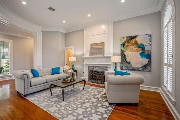 Fireplace, Interior, Living room, Recessed Lighting, Wood Texture Flooring
