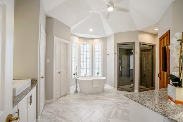 Bathroom, Free Standing Baths, Glass Shower, Interior, Marble, Recessed Lighting