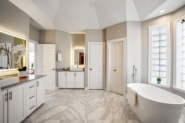Bathroom, Dual Sink Vanities, Free Standing Baths, Interior, Marble, Recessed Lighting