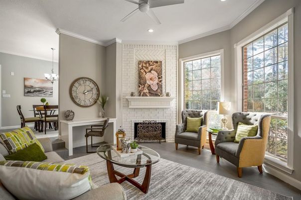 Chandelier, Dining room, Fireplace, Interior, Living room, Recessed Lighting, Stone Walls, Wood Texture Flooring