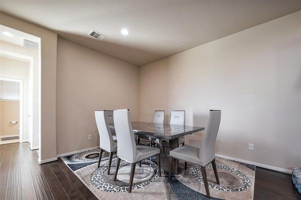 Dining room, Interior, Recessed Lighting, Wood Texture Flooring