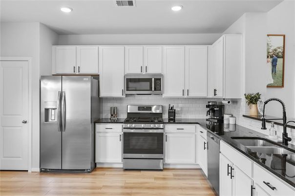 Interior, Kitchen, Recessed Lighting, Stainless Steel Appliances, Wood Texture Flooring