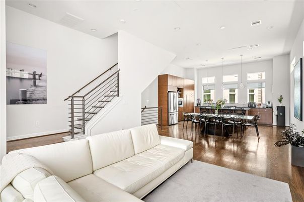 Dining room, Interior, Kitchen, Living room, Pendant Lights, Recessed Lighting, Stainless Steel Appliances, Wood Texture Flooring