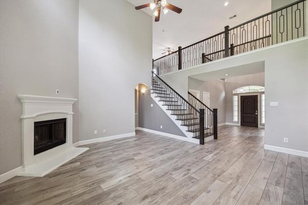 Fireplace, Interior, Recessed Lighting, Wood Texture Flooring
