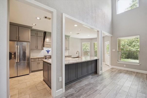 Interior, Kitchen, Recessed Lighting, Wood Texture Flooring