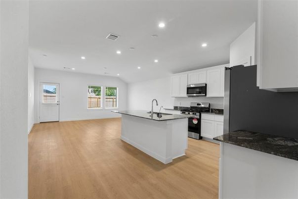 Interior, Kitchen, Recessed Lighting, Wood Texture Flooring