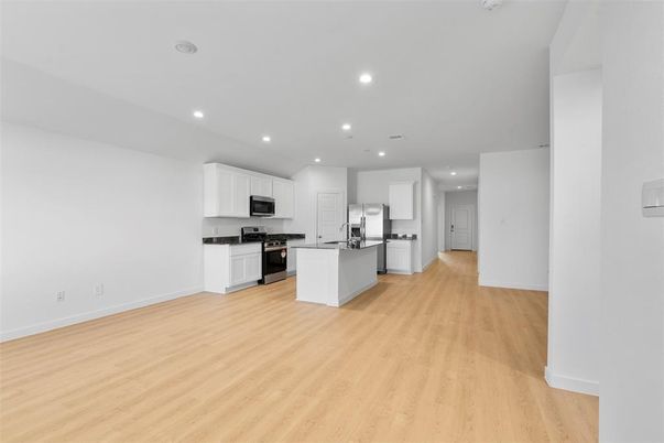 Interior, Kitchen, Recessed Lighting, Stainless Steel Appliances, Wood Texture Flooring