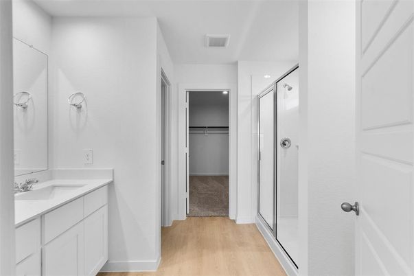 Bathroom, Glass Shower, Interior, Recessed Lighting, Wood Texture Flooring