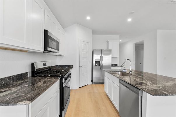 Interior, Kitchen, Recessed Lighting, Stainless Steel Appliances, Wood Texture Flooring