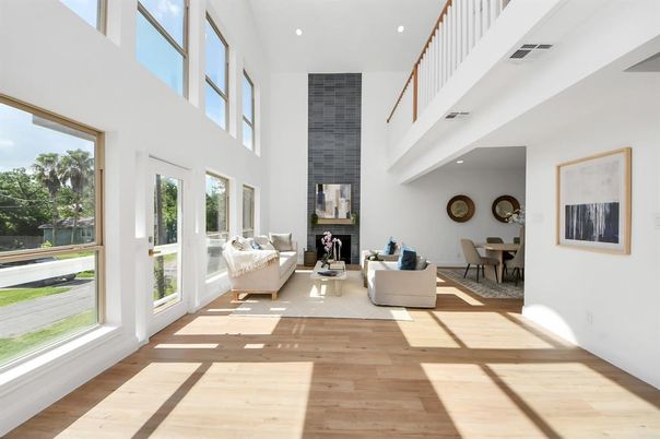 Dining room, Fireplace, Interior, Living room, Recessed Lighting, Wood Texture Flooring