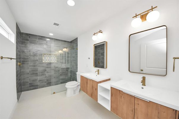 Bathroom, Dual Sink Vanities, Glass Shower, Interior, Recessed Lighting