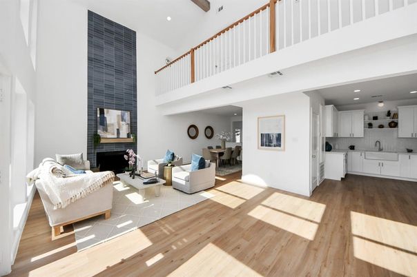 Dining room, Fireplace, Interior, Kitchen, Living room, Recessed Lighting, Wood Texture Flooring