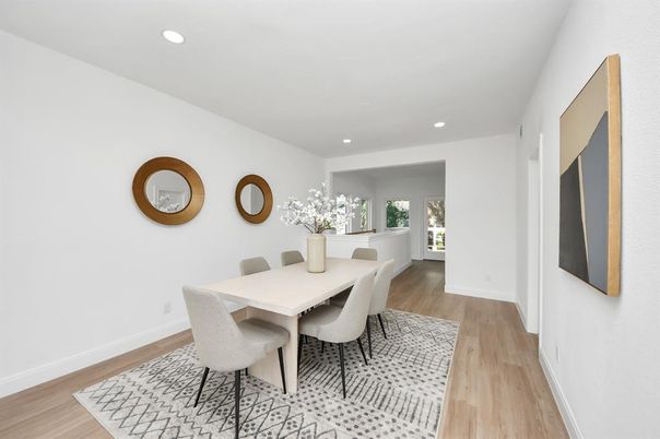 Dining room, Interior, Recessed Lighting, Wood Texture Flooring