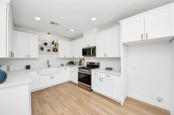 Interior, Kitchen, Recessed Lighting, Stainless Steel Appliances, Wood Texture Flooring