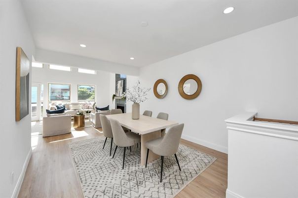 Dining room, Interior, Living room, Recessed Lighting, Wood Texture Flooring
