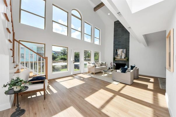 Fireplace, Interior, Living room, Recessed Lighting, Wooden Beams, Wood Texture Flooring