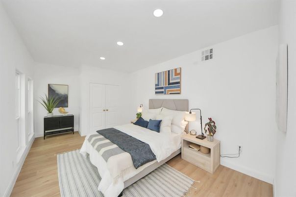 Bedroom, Interior, Recessed Lighting, Wood Texture Flooring