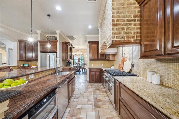 Interior, Kitchen, Pendant Lights, Recessed Lighting, Stainless Steel Appliances, Stone Walls