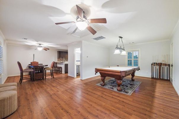 Billiard Table, Dining room, Game Room, Interior, Pendant Lights, Wood Texture Flooring