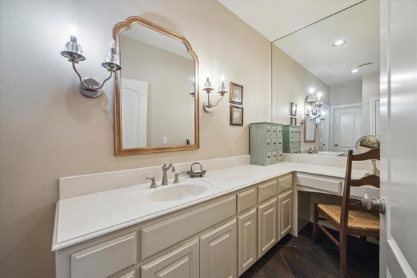 Bathroom, Dual Sink Vanities, Interior, Recessed Lighting, Wood Texture Flooring