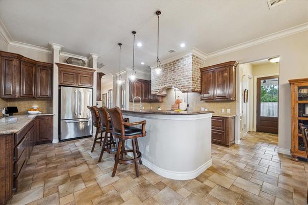 Interior, Kitchen, Pendant Lights, Recessed Lighting, Stainless Steel Appliances, Stone Walls