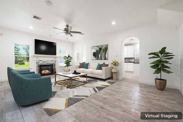 Fireplace, Interior, Living room, Recessed Lighting, Wood Texture Flooring