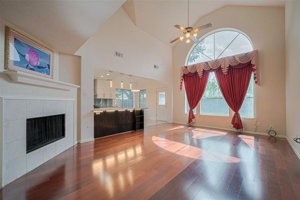 Empty room, Fireplace, Interior, Pendant Lights, Recessed Lighting, Wood Texture Flooring