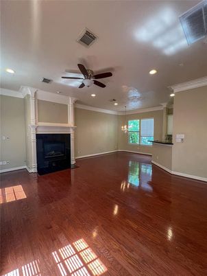 Empty room, Fireplace, Interior, Pendant Lights, Recessed Lighting, Wood Texture Flooring