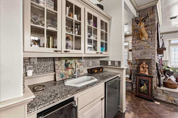 Fireplace, Interior, Kitchen, Recessed Lighting, Stone Walls